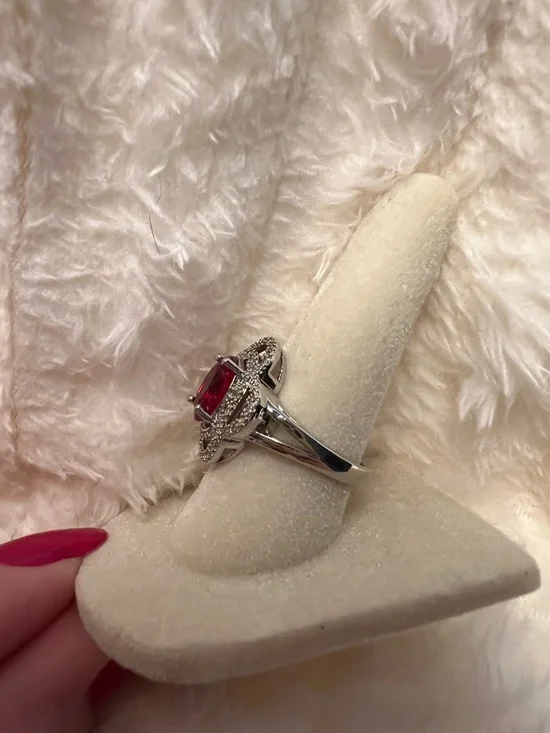 Silver Floral Halo Ring with Red Oval Gem - Picture 3 of 6